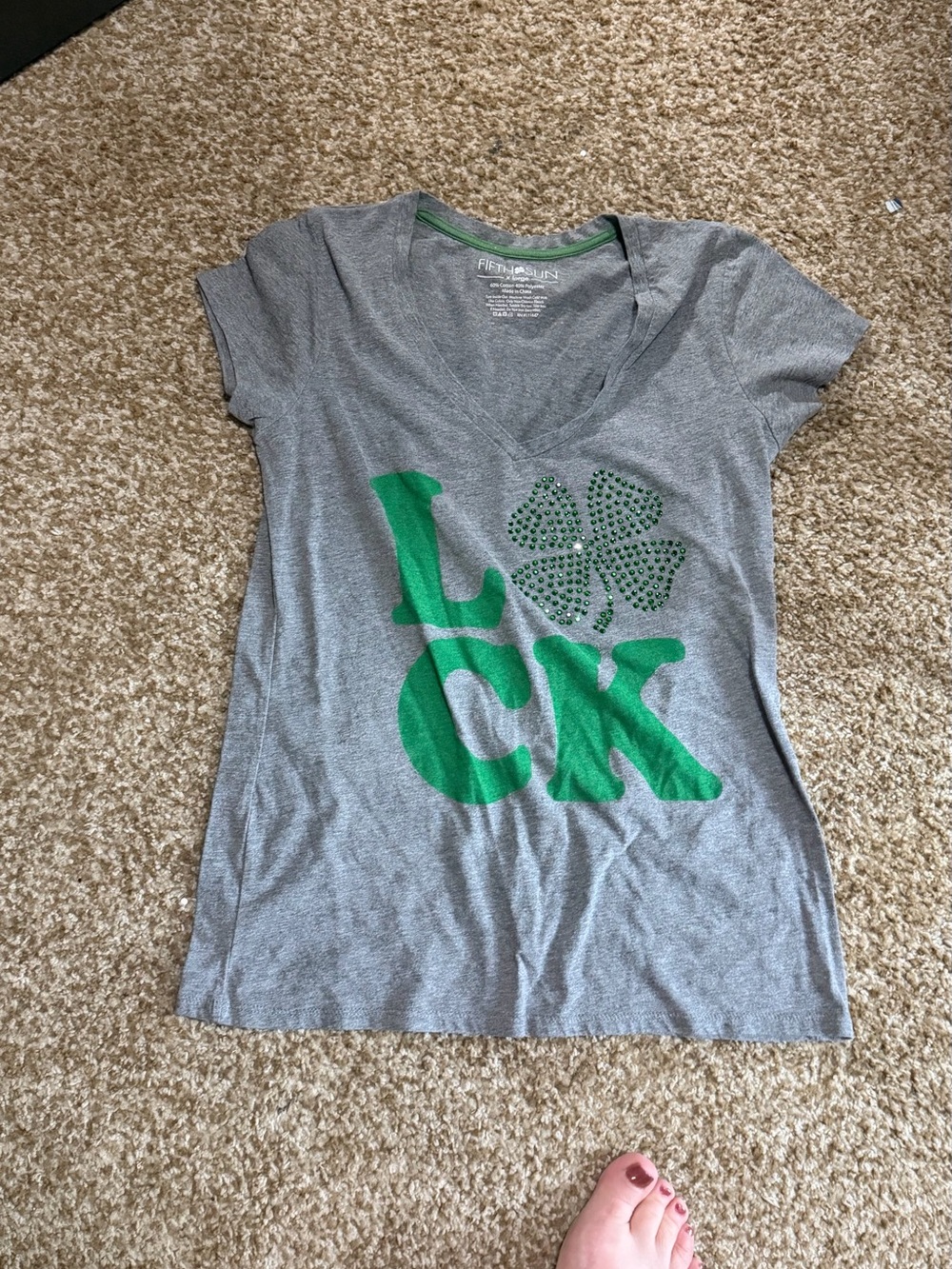 Grey V-neck Tee with Green 'Luck' Shamrock Graphic
